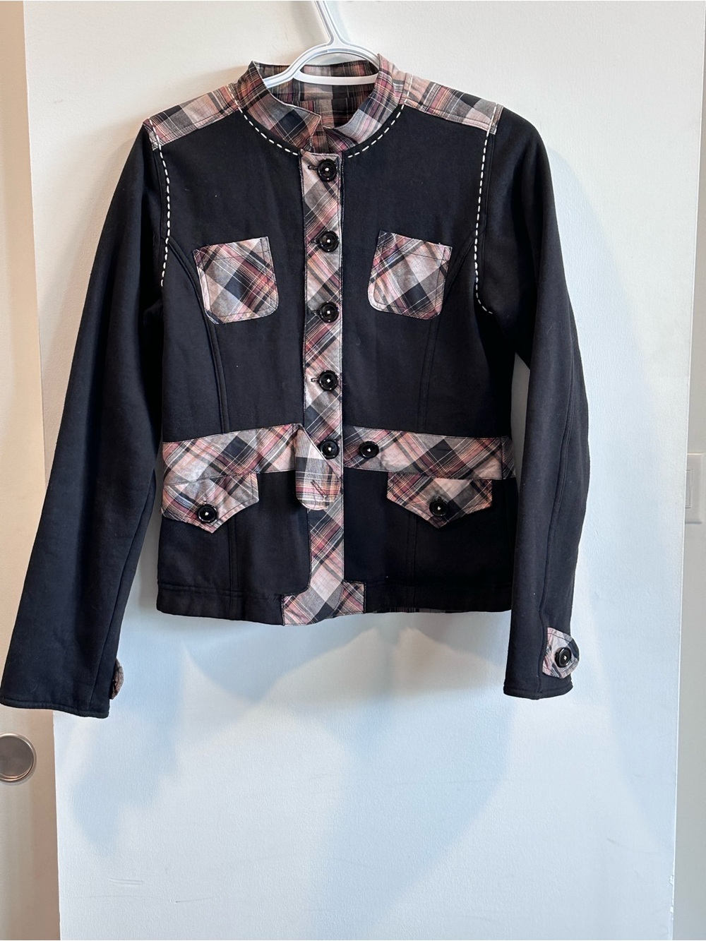 Vintage Reversible Women's Black Jacket with Pink Plaid Trim